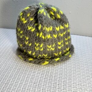 Kids Gray Neon Yellow Knit Beanie Hat Chunky Warm Winter - Homemade, Cozy